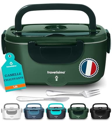 TRAVELISIMO Gamelle Chauffante 100W Lunch Box Chauffante 1,5L Chauffe Plat Electrique 3 en 1 220V 24V 12V, Marmite Electrique, Acier Inoxydable, Chauffe plat Voiture pour Voyage et Bureau