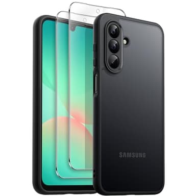 JETech Coque 3 en 1 Mat pour Samsung Galaxy A26 5G avec Lot de 2 Protection D'écran en Verre Trempé, Étui Housse Antichoc Givrée Translucide avec Protecteur de Caméra (Noir)