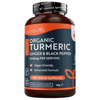 Nutravita Curcuma Bio 1440mg au Poivre Noir et Gingembre - 180 Capsules Véganes - 3 mois d'approvisionnement - Conçu pour une meilleure absorption de la curcumine