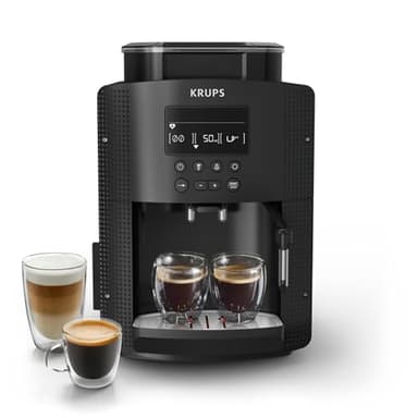 Krups Essential, Machine à café grain, Expresso automatique, 2 tasses simultanées, Ecran LCD, Nettoyage automatique, Buse vapeur Cappuccino, Cafetière espresso, Noire, YY8135FD