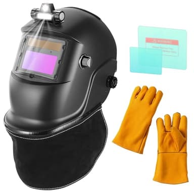 BOSYTRO Masque de Soudage avec éclairage, Casque Soude Auto-Obscurcissant, Alimenté par énergie Solaire, avec 2 Films de Protection + Gants de soudage + Tunique de Protection du Cou pour TIG/MIG