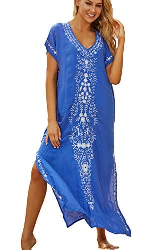 YOUKD Été Coton Brodé Floral Lâche Caftan Boho Beach Bikini Cover Up Robe Grande Taille Robe pour Femmes