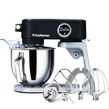 Kraftsman Robot Pâtissier, 5 L Robot de Cuisine Tout en Métal avec Port d’Alimentation Universel et Fonction Minuterie, Pétrin Professionnel à 8 Vitesses avec Batteur, Crochet, Fouet (Noir)