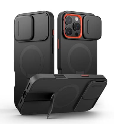 SURITCH Coque Magnétique Compatible avec iPhone 16 Pro Max, Coque de Protection avec Couvercle Coulissant pour Appareil Photo et Support réglable(Noir)