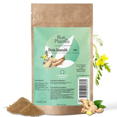 Bois Bandé Poudre 100g – RUE DES PLANTES - Puissant Aphrodisiaque Naturel - Effet immédiat pour Homme et Femme - Ginseng, Tribulus, Gingembre, muira puama