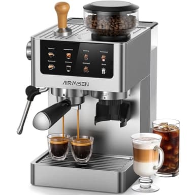 AIRMSEN Espresso Machine à Café Grain à Tasse avec Mousseur à Lait - Programmable, Écran Tactile Couleur, Compatible Café Froid (Cold Brew) et Americano, En Acier Inoxydable, Réservoir 1.8L