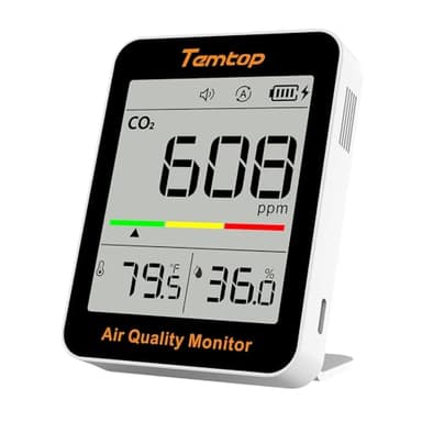 Temtop Moniteur de CO2 Dioxyde de Carbone Moniteur de Qualité de l'air Intérieur Portable, Capteur Mesure CO2 Température Humidité Temps pour Maison Bureau Ecole