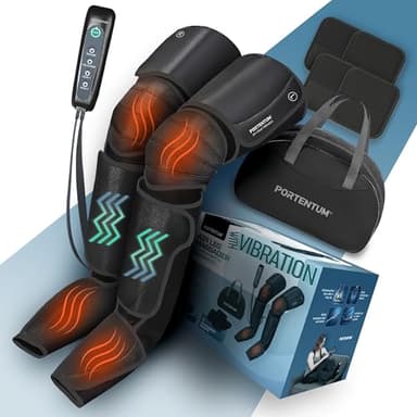 PORTENTUM Bottes pressothérapie jambes avec chaleur et vibration réglables – 5 intensités – Télécommande – Favorise le drainage lymphatique jambes – Soulage les jambes fatiguées – Sac de transport