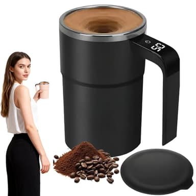 Tasse à Café électrique à Mélange Automatique,Tasse à Mélange Automatique 380ML Avec poignée,Affichage Température,Mélangeur Magnétique en Acier Inoxydable 304 pour Café,Lait,Poudre Protéine (Noir)