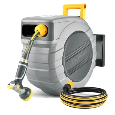 GLAHODEN Enrouleur de tuyau d'arrosage rétractable, 40 m, Résistant aux UV, enrouleur de tuyau d'arrosage mural automatique avec verrouillage de n'importe quelle longueur, Buse à 9 modes