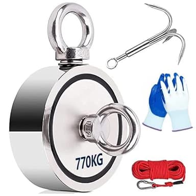 Peche a l'aimant Puissant Double Face Aimant de Peche 770kg 94MM Neodyme Super Puissant pour Peche Ramasse Monnaie Chasse Au Trésor avec Grapin Corde 20m Mousqueton Une Paire de Gants