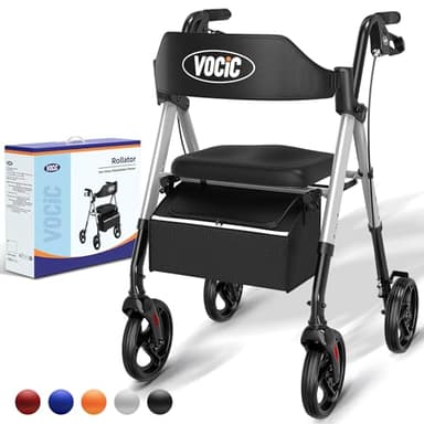 VOCIC deambulateur 4 roues pliable leger,Rollator en aluminium léger avec siège,Pour tous les terrains, Siège réglable en hauteur,Se range facilement dans le coffre,Argent Étoilé | Garantie de 5 ans