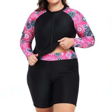 Owntop Maillot de bain 2 pièces UPF 50+ à manches longues avec fermeture éclair et short taille haute pour femme | Maillot de bain à séchage rapide | Natation Surf, Rouge, 5XL Grande taille
