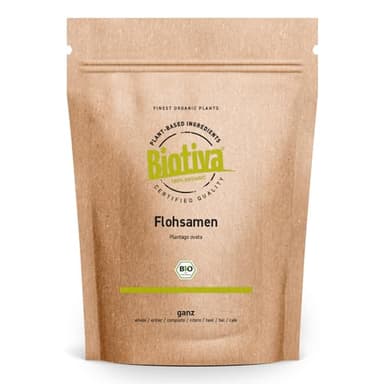 Psyllium bio 1kg, entier - Pureté 99% - Sachet fraîcheur refermable - >85% fibre, Sans lactose, sans gluten, végan, transit - Conditionné en Allemagne - Biotiva