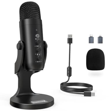 ZealSound Micro Podcast USB à Condensateur - Réduction du Bruit Microphone pour PC, téléphone & iPhone, avec Muet, Gain & Echo, pour Gaming, Streaming, Enregistrement, Twitch, Mac, Windows et PS5, K66