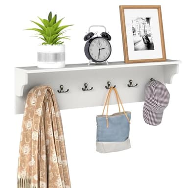 COSTWAY Porte-Manteau Mural 80 cm avec Étagère, Patere Murale, 6 Crochets pour Chapeaux, Serviettes, Sacs, Meuble Entrée, Etagere Suspendue, pour Entrée, Salon, Chambre, Salle de Bain, Blanc