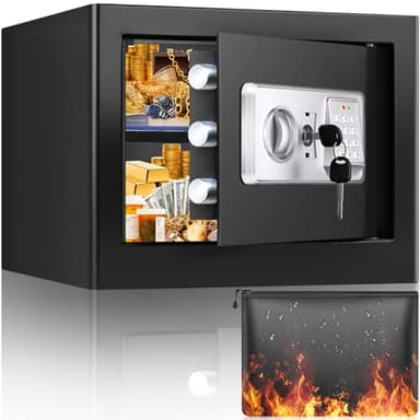 Mejasg Coffre Fort Anti Feu avec Sac D'argent Ignifuge, Petit Coffre Forts Électrique avec Étagère Amovible et Mode Alarme, Coffre-Fort Mural Coffre Cash pour Bijoux Argent Documents Médicaments