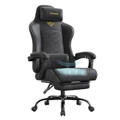 SONGMICS Chaise Gaming, Chaise de Bureau, Ergonomique, Fauteuil Gaming, Coussin d’Assise à Ressorts, Repose-Pieds, Accoudoirs avec Mécanisme Synchrone, Noir d'encre OBG079B01