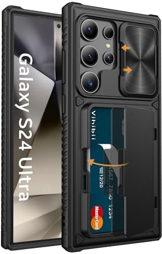 Vihibii pour Samsung Galaxy S24 Ultra Coque avec Porte-Carte & Cache Caméra & Support, Protection Militaire Antichoc Étui Antidérapante Anti-Rayures Case pour Samsung Galaxy S24 Ultra 6,8'', Noir