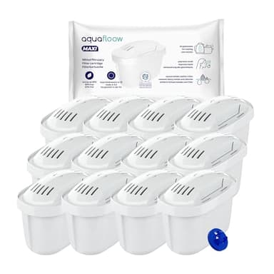 Aquafloow Lot de 12 Cartouches Filtrantes Eau | Compatibles Brita Maxtra+, Maxtra Pro, Marella, Style, Elemaris | Réduction de Chlore, Calcaire, Métaux Lourds