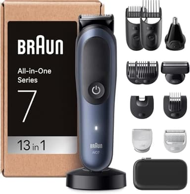 Braun Tondeuse Electrique Tout-En-Un Pour Hommes Series 7 AIO7565 Bleu, Kit 13-En-1 Avec Lame ProBlade et 7 Sabots, Coffret De Rasage Avec Accessoires, Conçue Pour Raser Barbe, Cheveux et Corps