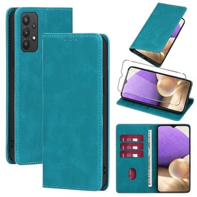 Vauki Coque Cuir pour Samsung Galaxy A32 4G 6.4" avec 1 Verre Trempé Etui à Rabat en PU Porte-Cartes Portefeuille Support Flip Housse Magnétique Antichoc Anti-Rayures Case,Light Blue