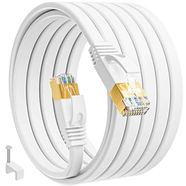 MEIPEK Cat 7 Câble Rj45 Blindé 15m, Câble Ethernet 15 Mètres Cable Réseau Plat Haut Débit Fibre 10Gbps 600MHz LAN Internet Long Blanc Fil Ethernet pour Routeur Modem