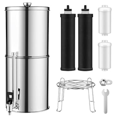 Système de Filtration par Gravité 11 L, Filtre à Eau Gravité en Acier Inoxydable, Filtre de Comptoir avec 4 Éléments Filtrants et Robinet, Purificateur d’Eau Potable pour Maison, Camping et Extérieur