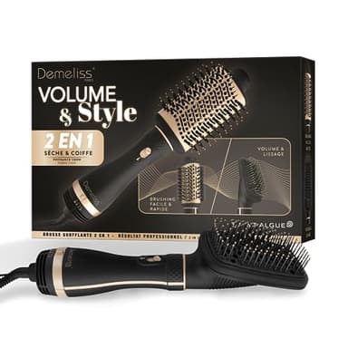 Demeliss SAINT ALGUE - Brosse Soufflante 2 en 1 VOLUME & STYLE - Sèche & Coiffe, Tous Types de Cheveux - 2 Têtes Interchangeables - Revêtement Céramique & Tourmaline - 3 Températures