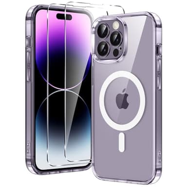 Xiltlly Magnétique Coque pour iPhone 14 Pro Max avec 2 Pièces Verre Trempés, Compatible avec MagSafe, Anti Rayures Antichoc TPU Bumper Housse Etui, Étui de Protection-Transparent
