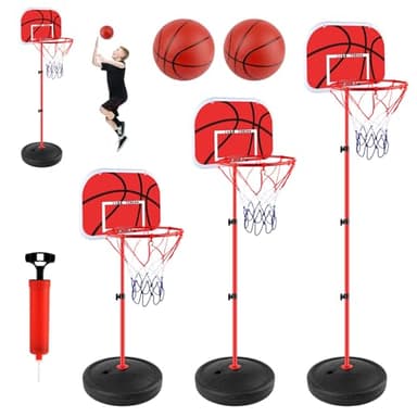 Panier de Basket Enfant, Panier de Basket Exterieur avec Support, Panier Basket Enfant Réglable en Hauteur 60-150cm, Kit Basketball Junior avec 2 Ballons Une Pompe