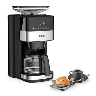 Krups Grind Aroma Cafetière filtre programmable, Broyeur à grains automatique intégré, Café grains ou moulu, 1,25 L, 10 tasses, Arrêt automatique, Ecran numérique KM832810, Noir