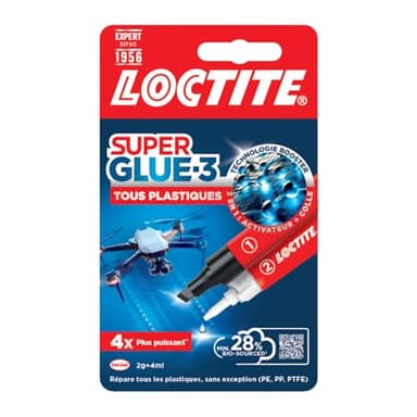 Loctite – Super Glue-3 Tous Plastiques (tube de 2 g + stylo activateur de 4 ml) – Colle forte transparente pour tous plastiques – Transparente à séchage immédiat