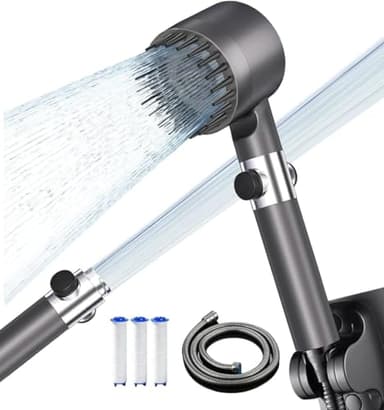 Pommeau Douche Anti Calcaire Haute Pression, Pommeau de douche avec Filtre Economie Deau, 3+1 Types de Jets Douchette Douche Salle de Bain avec Bouton D'arrêt D'eau,avec Tuyau1.5M et Support,Gris