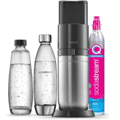 Sodastream DUO Machine à Eau Pétillante et Soda pour Carafe en Verre | Pack 1 Carafe en Verre 1L + 1 Bouteille 1L Finition Acier Inoxydable Lave-Vaisselle + 1 Recharge de Gaz 60L à Clipser | Noire
