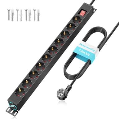 Airmom Multiprise 10 Prises parafoudre et surtension, Bloc Multiprise avec Interrupteur et Supports pivotants à 360°, Boîtier Métallique, Câble de 1,8 m