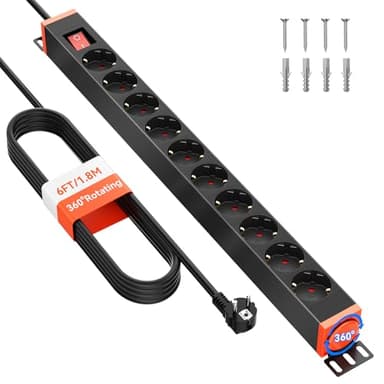 Multiprise Parafoudre 10 Prises, Bloc 360° Rotatif pour Montage Mural, Câble d’Extension 1,8 m, 16A/4000W, pour Bureau et Maison, Noir – Sewingvr