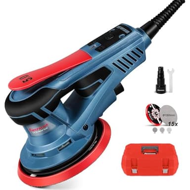 FANZWORK Ponceuse Excentrique 150 mm, Ponceuse Orbitale avec une Course Abrasive de 5 mm, Moteur EC sans Balais de 350 W, 7 Vitesses jusqu'à 10 000 tr/min, 15 Disques Abrasifs, avec Mallette.