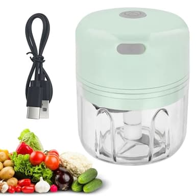 Baxcdyswe Hachoir Électrique 250 ml, Mixeur Hachoir Rechargeable USB, Portable Mini Coupe Legumes avec 3 Lames en Acier Inoxydable pour Oignon, Ail, Viande, Légumes et Les Fruits (Vert)