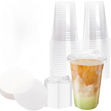 Zykphao Lot de 50 - Gobelets réutilisables transparents de 420 ml avec couvercles, en papier étanche, idéaux pour les boissons froides, les smoothies, les boissons au café, les fêtes, le camping, les