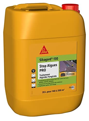 SIKA - Traitement algicide et fongicide - Sikagard 130 Stop Algues Pro - Formule professionnelle - Prête à l'emploi - Anti-algues vertes/rouges et résidus noirs pour Mur/Façade/Toiture/Terrasse - 20L