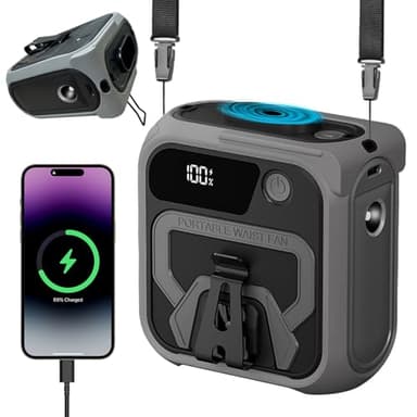DriveNova Ventilateur portable 5 en 1 à clip de taille, batterie 10 000 mAh, autonomie de 7 à 36 h, rechargeable par USB, avec corde de suspension, 5 vitesses de vent, pour l'extérieur