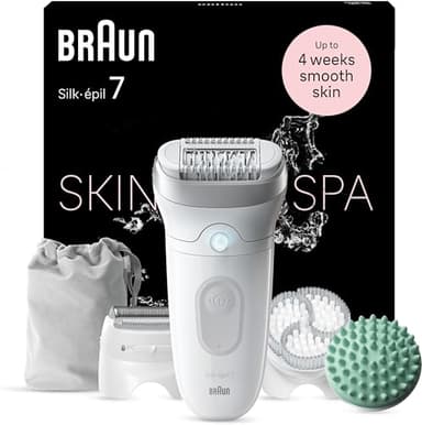 Braun Silk-épil 7 SkinSpa, Épilateur Avec Tête Large Pour Épilation Facile, Le Sabot Tondeuse Pour Les Zones Sensibles, Peau Douce Longue Durée, Kit Tout-En-Un Skin Spa, 7-081, Étanche, Blanc/Argent