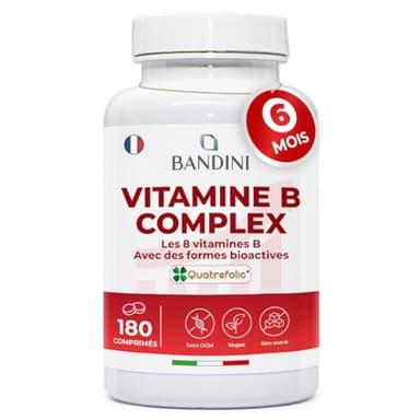 Bandini® Vitamine B Complex | 180 Comprimés vegan - Vitamines du complexe B bioactives et à haute absorption - Forme bioactive Quatrefolic® : B1, B2, B3, B5, B6, B8, B9, B12 | Fatigue et immunité