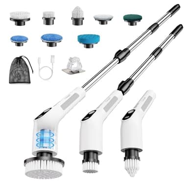 Brosse Rotative Nettoyage Electrique avec 8 Têtes Interchangeables, Rechargeable Brosse Nettoyage Salle de Bain, 2 Vitesses réglables,pour Salle de Bain, Cuisine, Carrelage et Sol