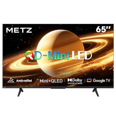 Metz Mini LED Smart TV 65 Pouces (164 cm), QLED, 4K Television Google TV Local Dimming Écran Mat Anti-reflet Dolby Atmos MEMC HDR 10+ Bluetooth S AI Processeur Tuner DVB-T/T2/C/S/S2 CI+ (MNH7000Z)