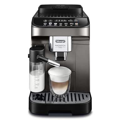 De'Longhi Magnifica Evo ECAM290.81.TB, Cafetière Automatique avec Mousseur de Lait, Taille Compacte Machine Grain, Mousseur de Lait Automatique, 7 Recettes, Affichage Tactile Doux Coloré, Titane/Noir