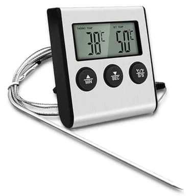 Greluma 1 Pièce Grand thermomètre numérique LCD pour cuisson des aliments et de la viande, pour fumoir, four, barbecue, gril, horloge, minuterie avec sonde de température en acier inoxydable