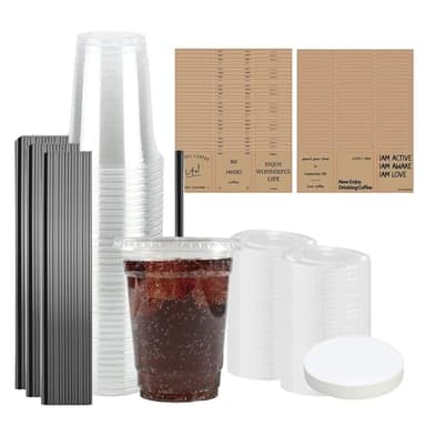 DYUEE Lot de 50 gobelets à smoothie de 500 ml avec couvercles et paille, gobelets recyclables et réutilisables avec papier étanche, gobelets à café transparents pour les boissons en déplacement