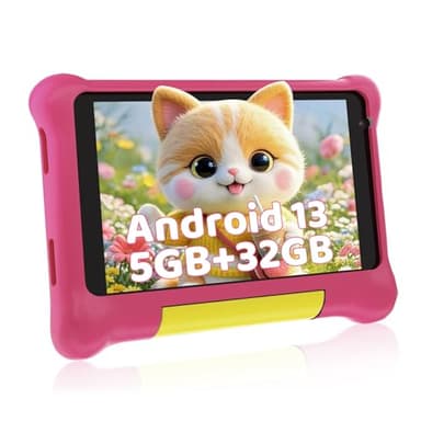 Tablette Enfants 7 Pouces Android 13 Tablette pour Enfant 5GB RAM 32GB ROM(TF 128GB) Contrôle Parental, GMS, WiFi, Bluetooth, Kids Tablette Tactile Éducative avec Kid-Proof Étui (Rose)